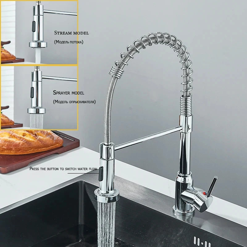 Robinets de cuisine extractibles à ressort, tête de pulvérisation, robinet d'eau chaude et froide, Rotation en acier inoxydable, mitigeur de cuisine, grue