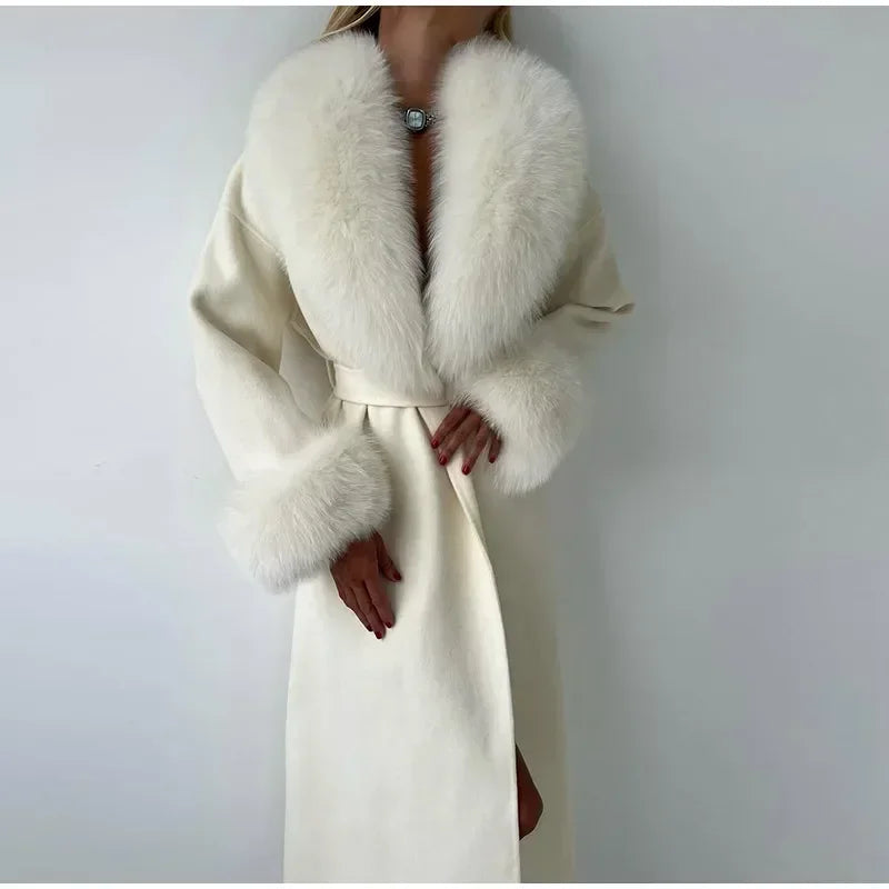 Manteau en laine pour femmes, Patchwork de fourrure solide, mode, manches longues, col en v, à lacets, pardessus Long ample, automne, bureau, vêtements d'extérieur pour dames