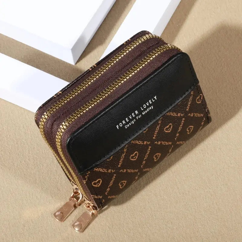Mini faux leather wallet with double zipper, compact classic pouch, multiple card slots, matching pocket, RFID protection, chic 