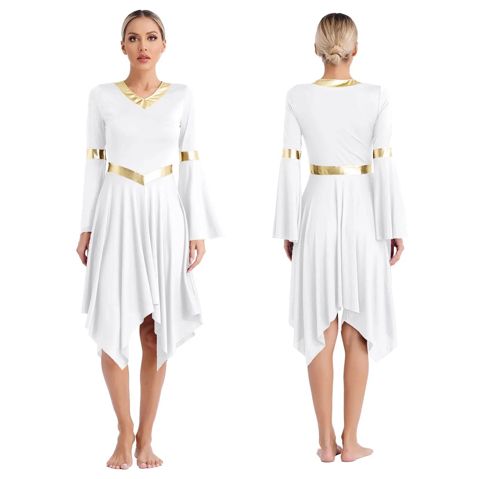 Robe de danse lyrique à manches longues pour femmes, robe à ourlet irrégulier, costume de spectacle liturgique, vêtements de danse modernes, culte de la chorale d'église