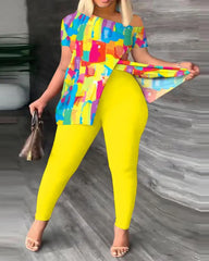 Ensemble deux pièces élégant pour femmes, nouvelle mode, imprimé, manches à volants, haut, pantalon de couleur unie, avec ceinture, chemisiers, vêtements féminins