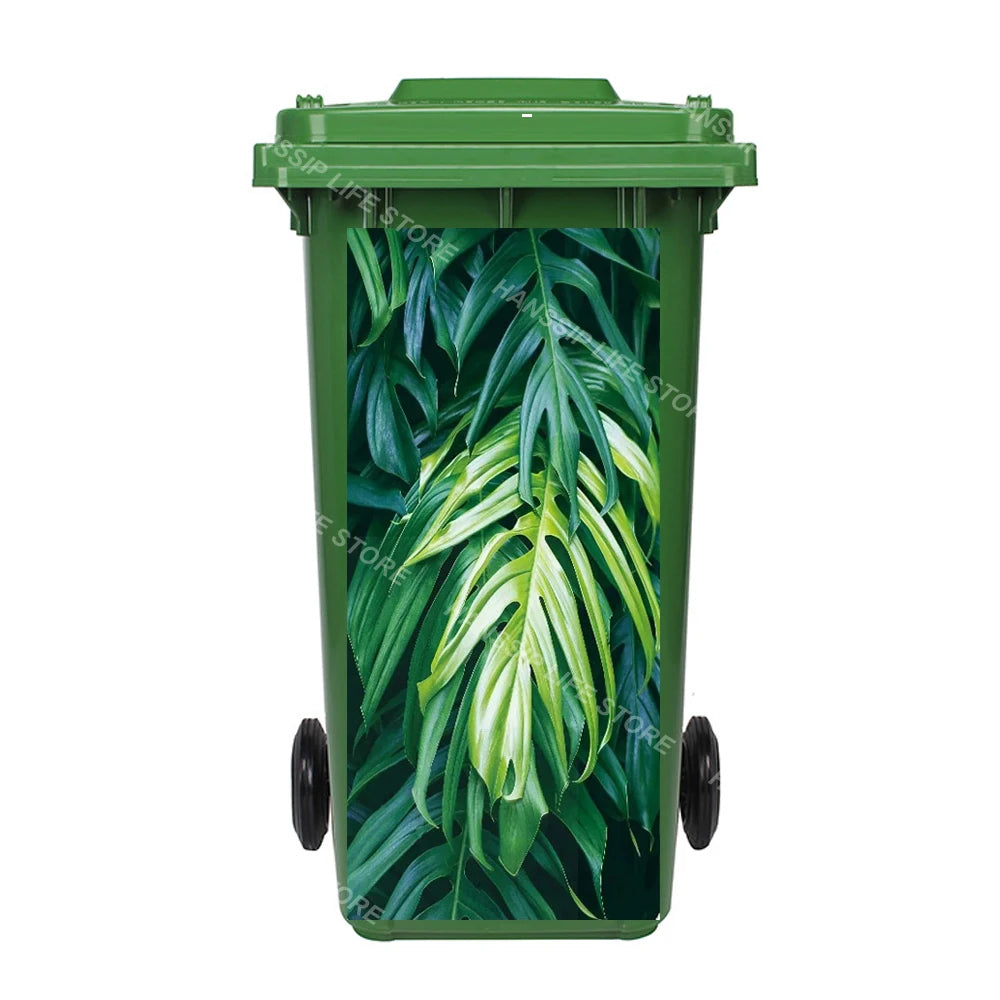 Autocollant imperméable en PVC pour poubelle d'extérieur, plantes tropicales, art mural, autocollants pour poubelle, pingouin et cuir chevelu