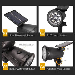 9 LED Solar Garden Spotlights, IP65 Waterproof, Adjustable Brightness, for Outdoor Backyard, Driveway, Lawn Decor Lighting