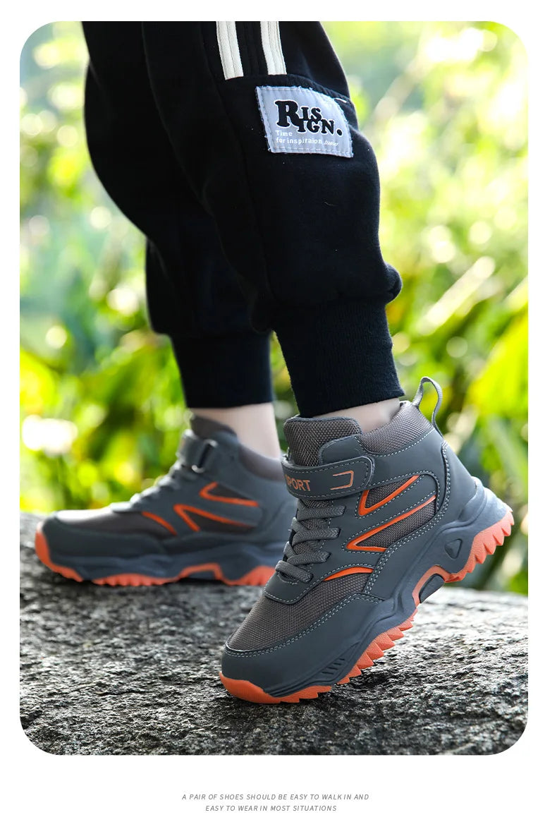 Chaussures de sport antidérapantes en cuir pour enfants, baskets de course respirantes, noires, à la mode, de randonnée, taille 29-40, nouvelle collection