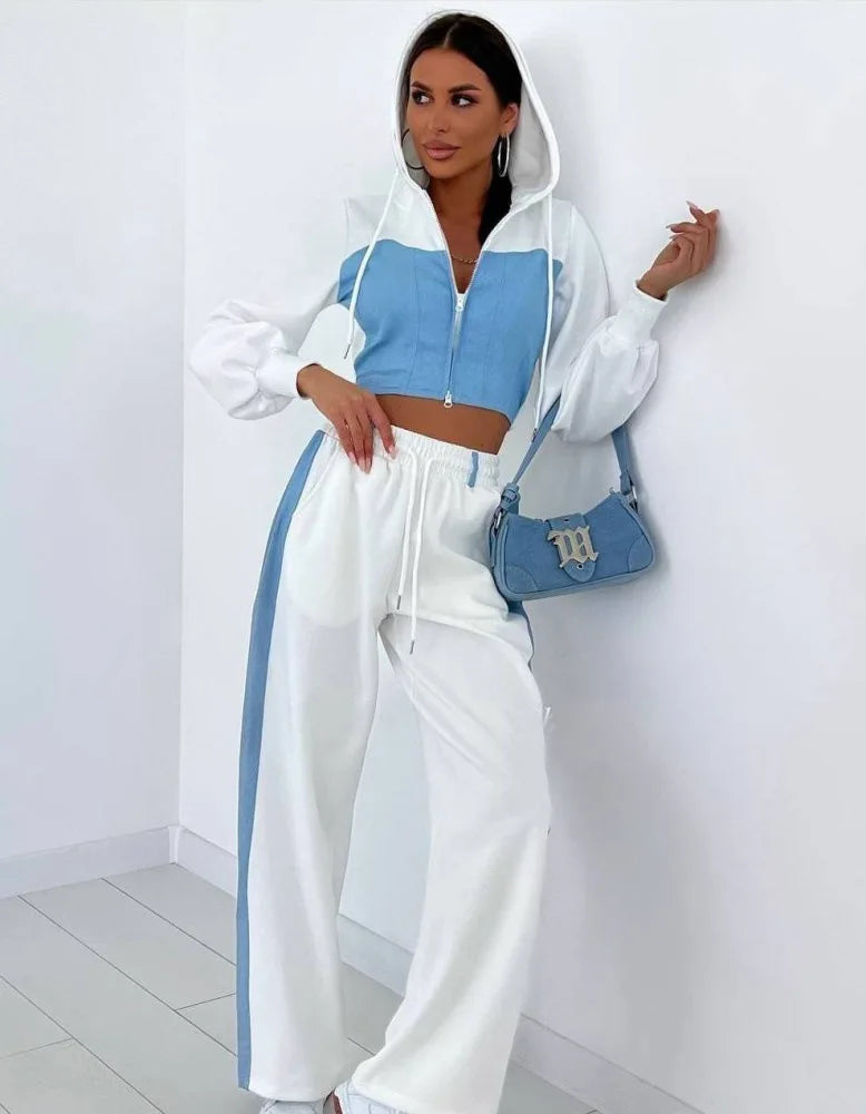 Ensemble 2 pièces en denim patchwork pour femmes, tenue décontractée, sweats à capuche minces, haut court, pantalon de survêtement à jambes larges, streetwear imbibé, survêtements à la mode