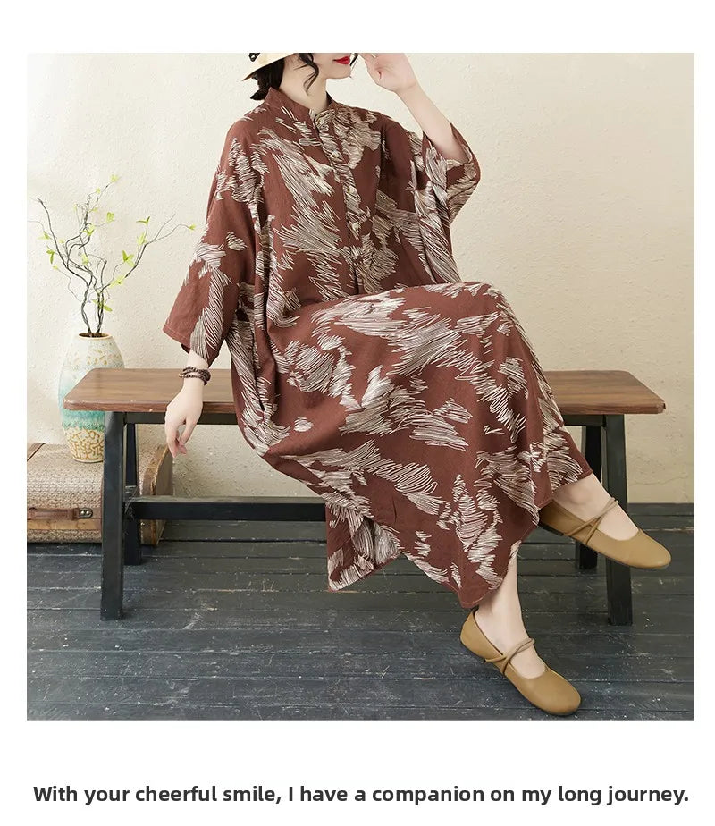 Summer commute. Cotton linen print loose long dress with high neck A-line skirt. Seven long dresses available in plus sizes.