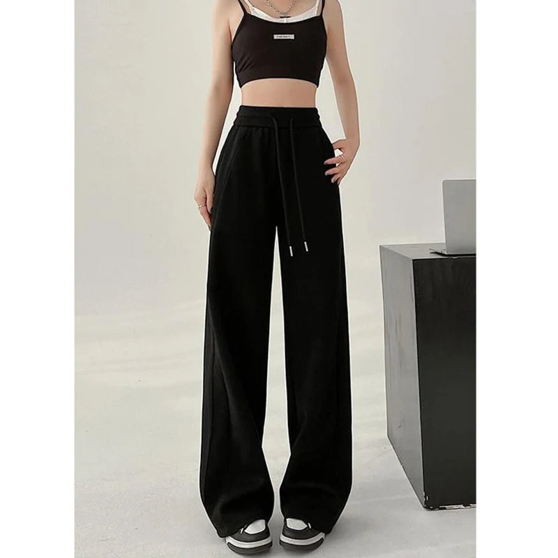Femme classique coréen taille haute pantalons de survêtement femmes coupe ajustée pantalon confortable filles jambe droite mince pantalons décontractés