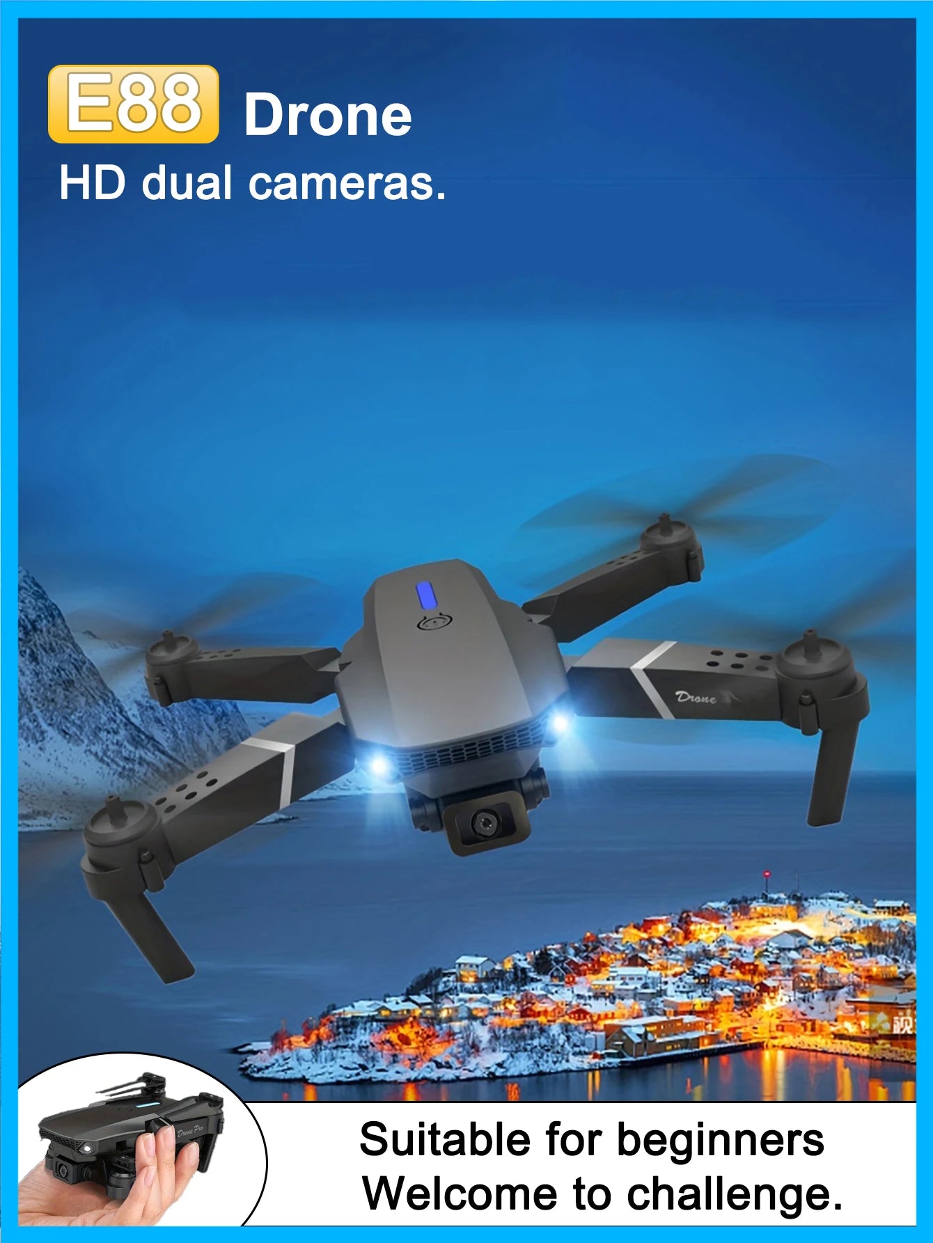 E88 4K Professional Drone, Wide-Angle HD Camera, WiFi FPV, Altitude Hold, Foldable RC Quadrotor Helicopter, Children's Toys (Camera Not Included)