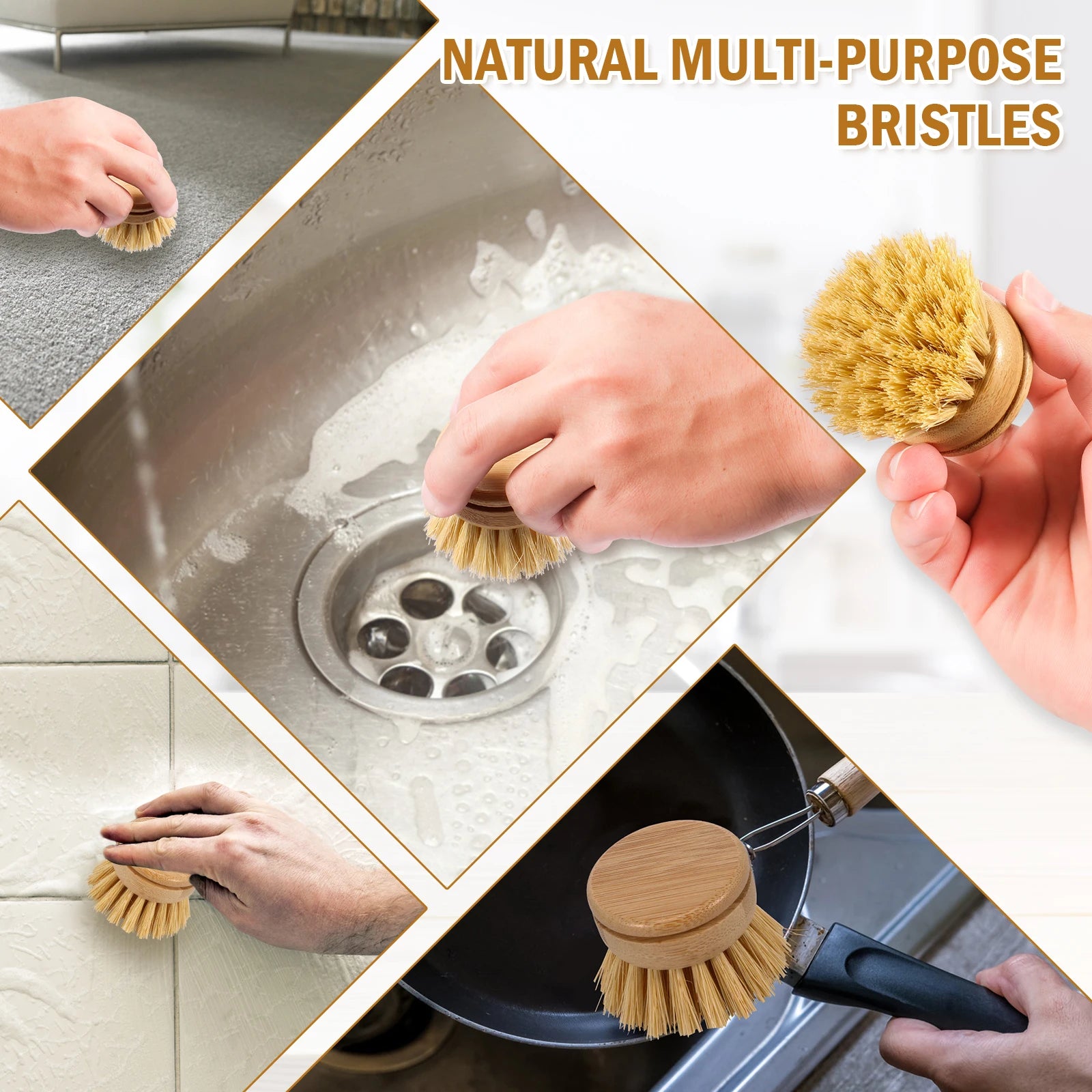 Brosse à vaisselle de cuisine en bambou naturel, outil de nettoyage de cuisine, tête de brosse respectueuse de l'environnement pour laver les casseroles et les cuisinières