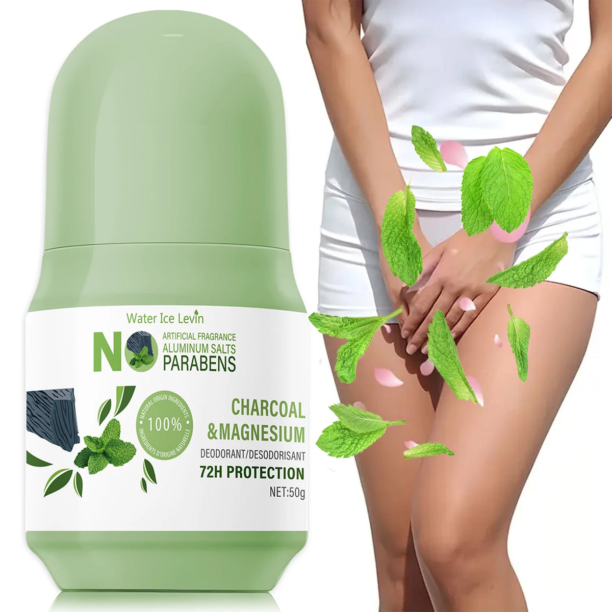 Bâton déodorant naturel Water Ice Levin – Protection 72H, charbon de bois et magnésium, sans aluminium.