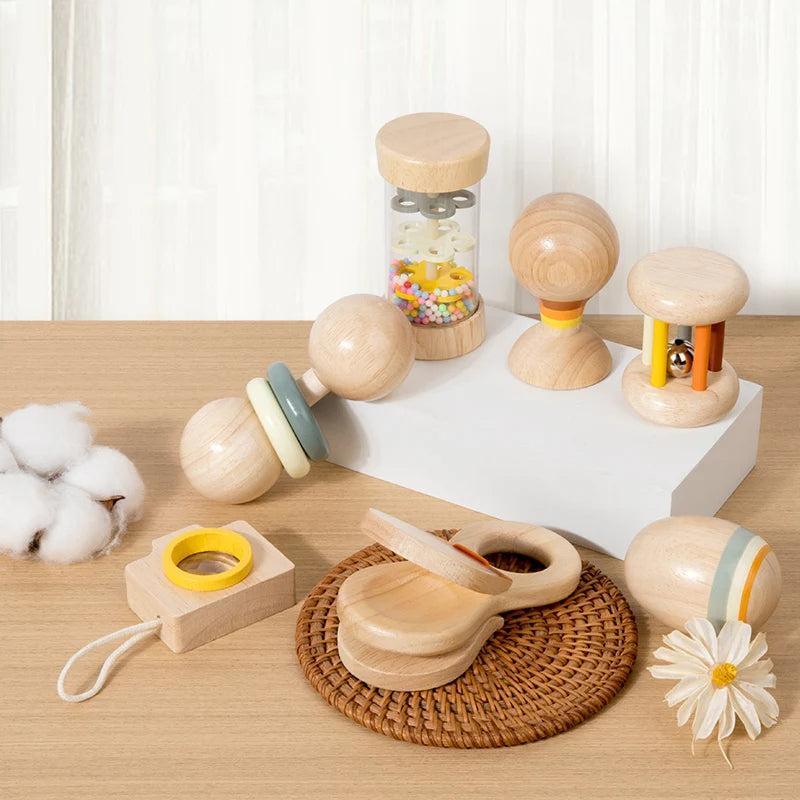 Ensemble de jouets en bois pour nourrissons et tout-petits, jouets d'écoute et de préhension, hochets, barils de pluie, hochets, cadeaux de vacances pour bébé, 7 pièces