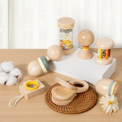 Ensemble de jouets en bois pour nourrissons et tout-petits, jouets d'écoute et de préhension, hochets, barils de pluie, hochets, cadeaux de vacances pour bébé, 7 pièces