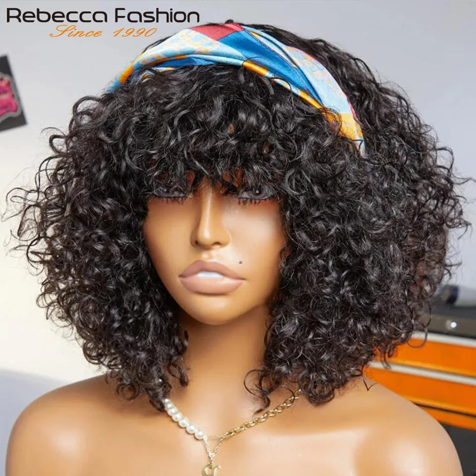 Perruques de cheveux humains Pixie Cut Bob avec frange pour femme, perruque pleine machine bouclée, surbrillance, couleur blond miel, court, caution
