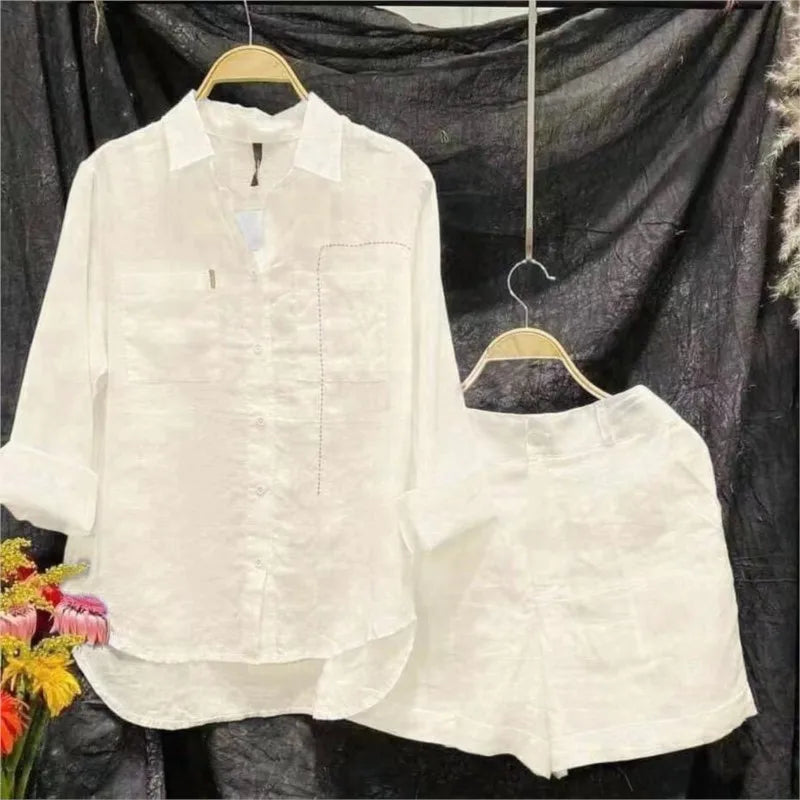 Ensemble d'été 2 pièces en coton et lin pour femmes, chemise et short blancs à manches longues, à la mode, pour la maison, survêtement, 2024