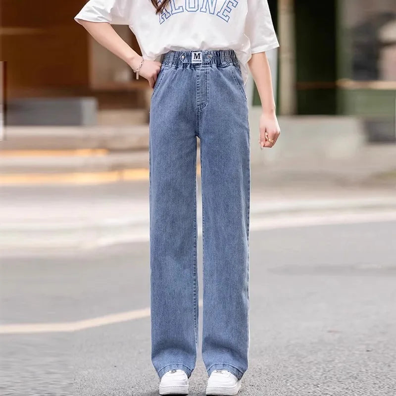 Jean ample à jambes larges, taille haute, bleu clair, grande taille, taille élastique, pantalon Dstring, pantalon Long amincissant