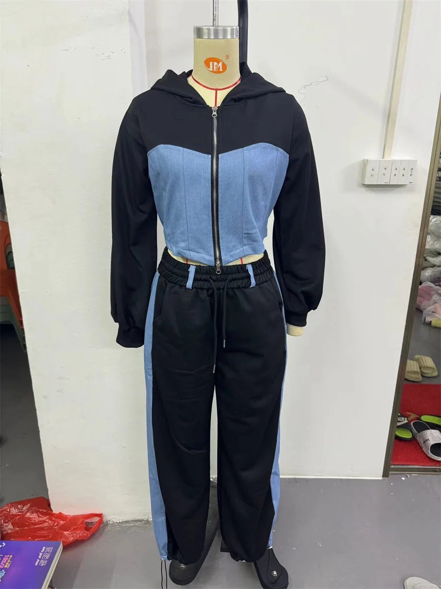 Ensemble 2 pièces en denim patchwork pour femmes, tenue décontractée, sweats à capuche minces, haut court, pantalon de survêtement à jambes larges, streetwear imbibé, survêtements à la mode