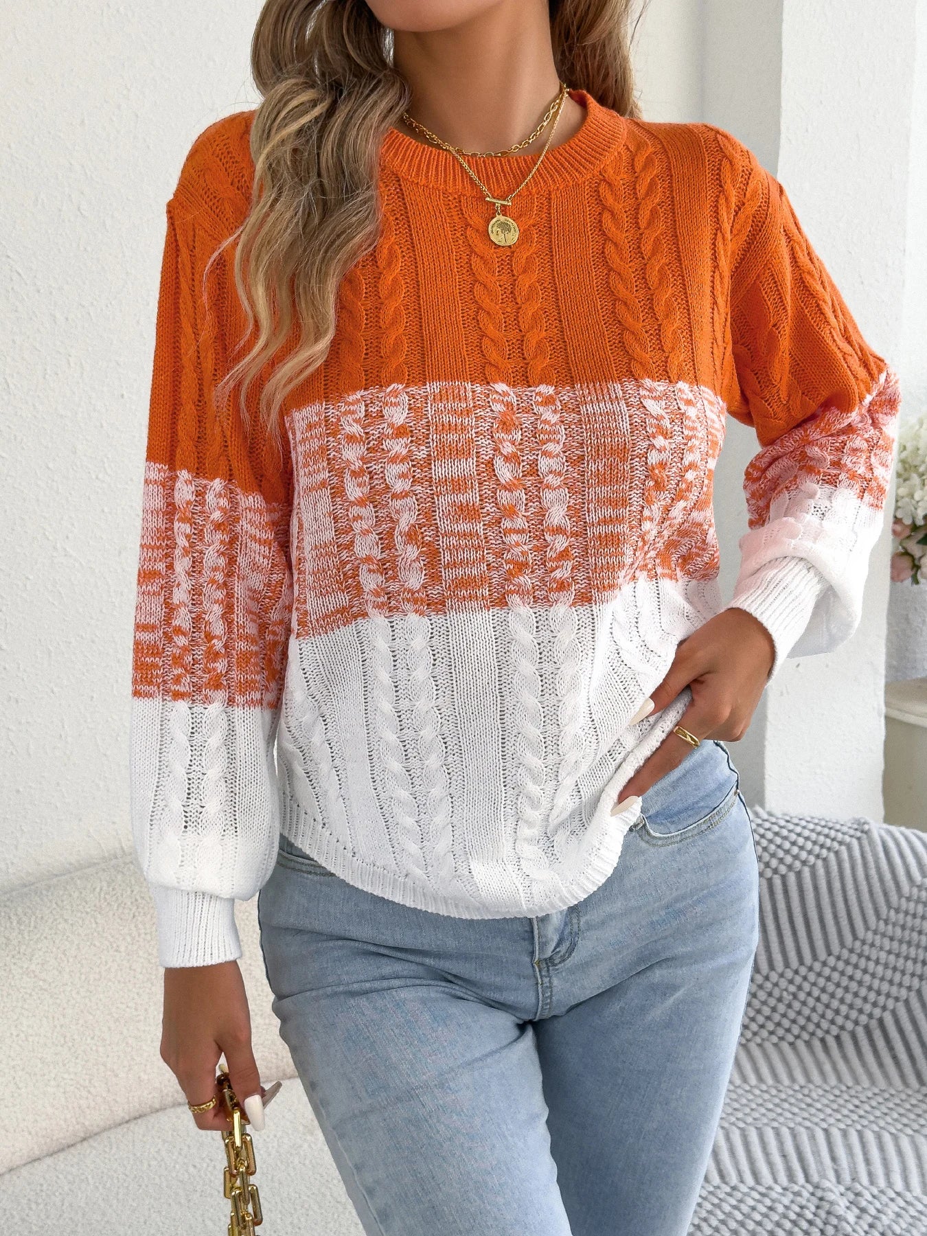 Femme décontracté couleur bloc rayé pull col rond lanterne à manches longues torsion tricoté hauts pour 2025 automne hiver femmes vêtements