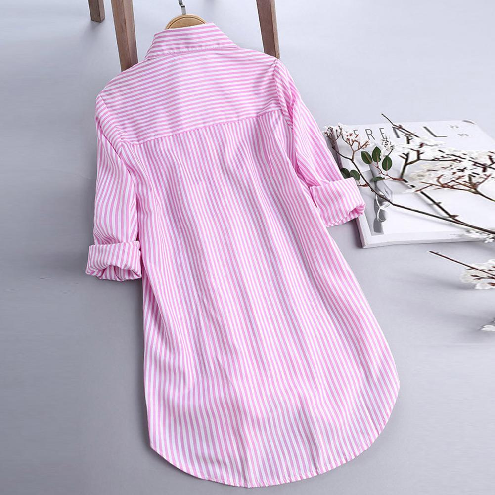 Chemisier Tunique Femme Rayé à Manches Longues Col V Mi-long Col Rabattu Coupe Ample Décontracté Élégant Été Tailles M-4XL