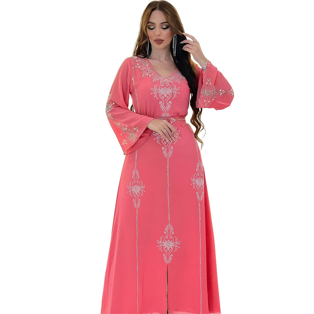 Eid Jalabiya - Women's Muslim Evening Dress, Diamond Lace-Up Arabic Abayas, Long Dresses, Elegant Dress, Educational Dress for Ramadan