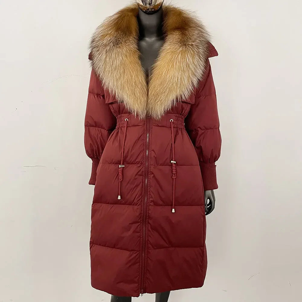 Doudoune longue avec col en fourrure pour femme, pardessus en fourrure de renard, longueur aux genoux, à la mode, chaude, cintrée à la taille, vêtements d'extérieur amincissants