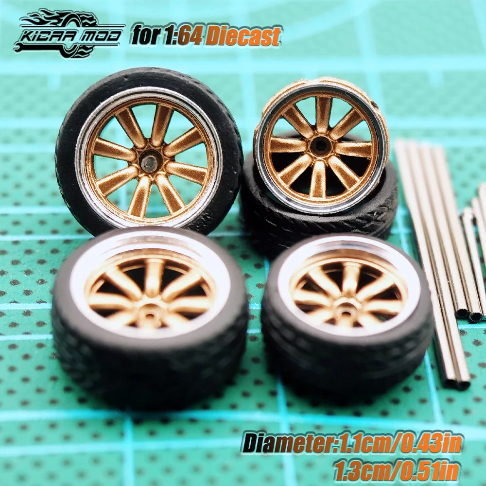 KicarHapp1/64-Jantes Métalliques ABS avec Caoutchouc pour Voiture Miniature, Pièces de Réaménagement Avant, Petite et Arrière