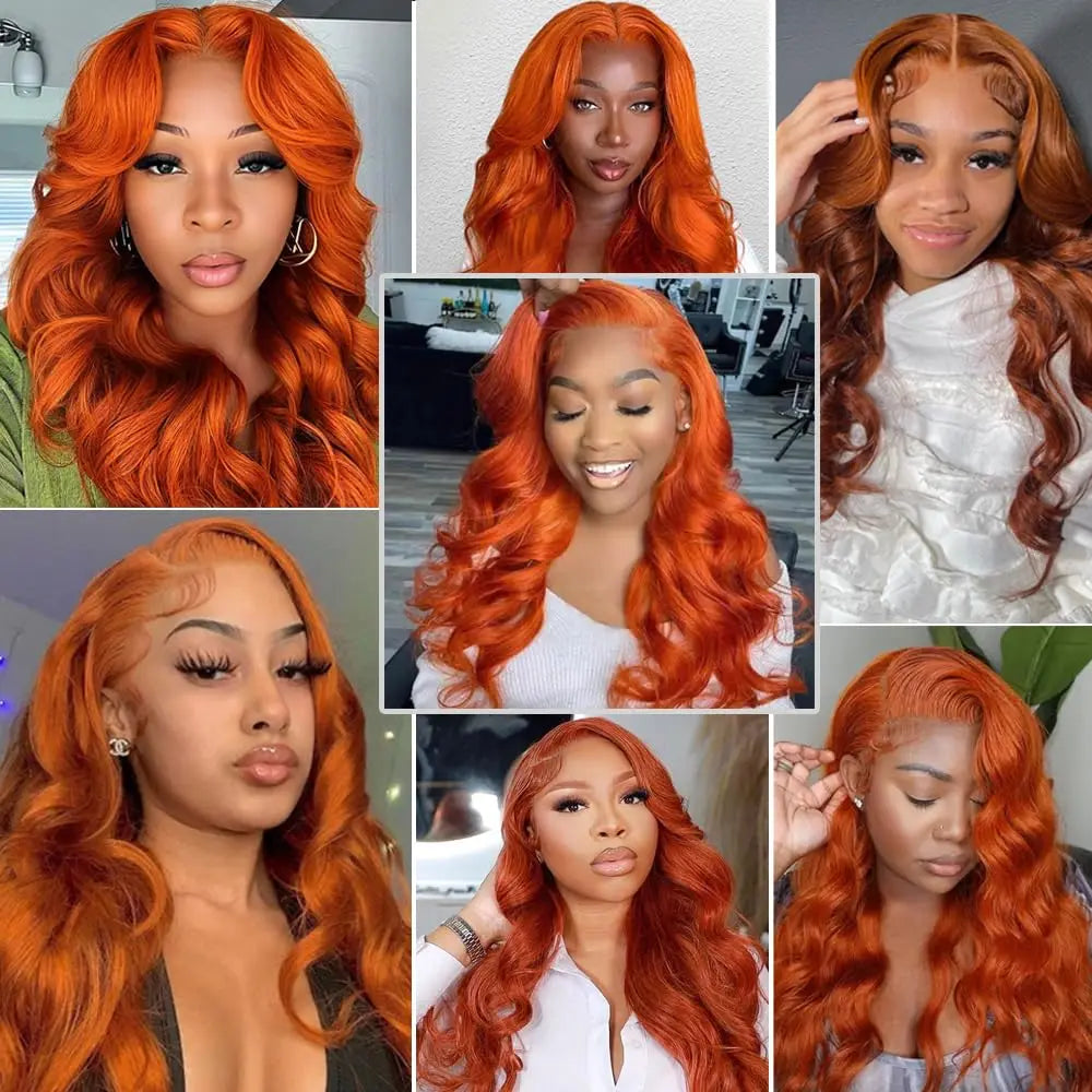 Perruque Lace Front Wig Remy naturelle Body Wave, cheveux humains, Orange gingembre, 36 pouces, 13x6, HD, densité 180%, pre-plucked