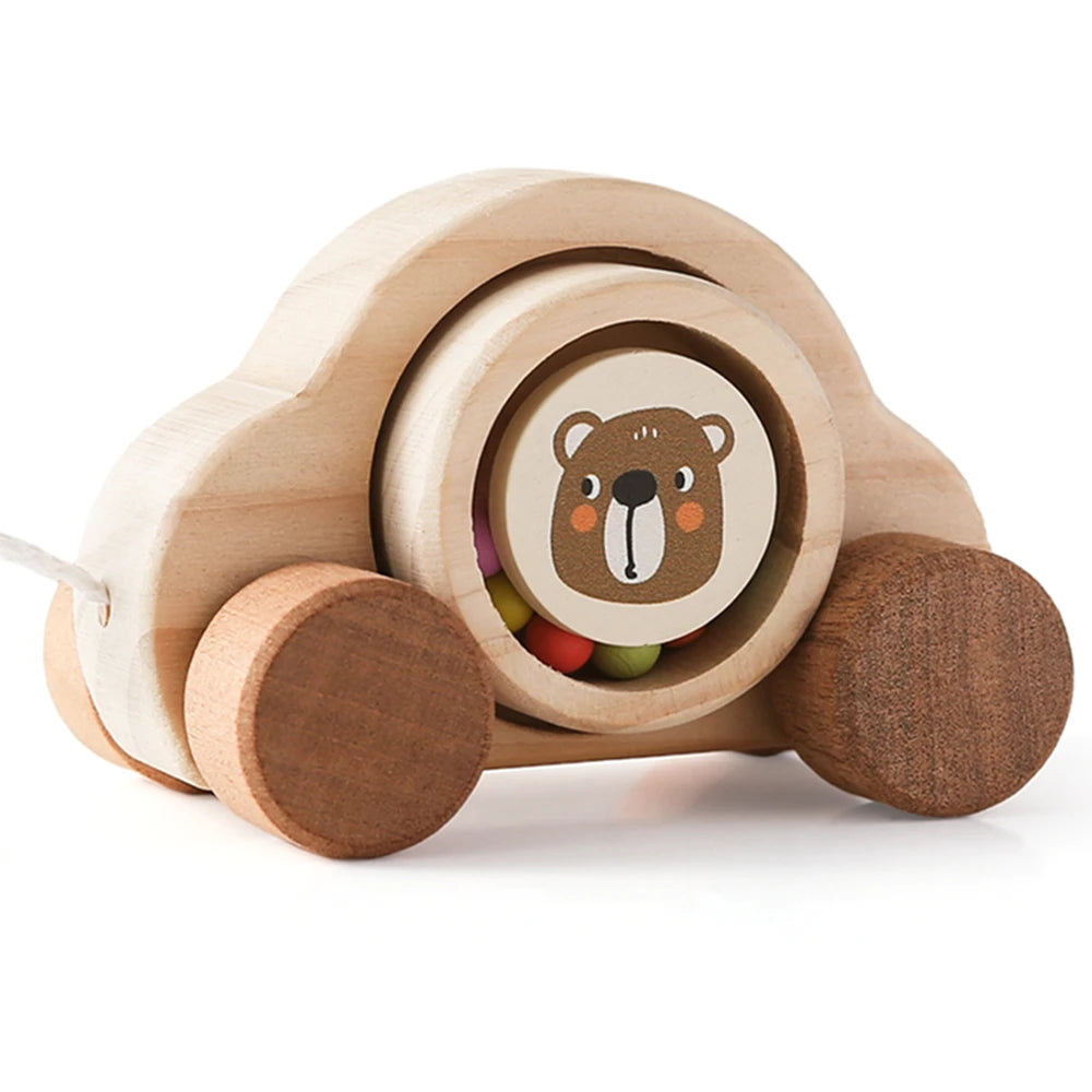 Jouets Montessori en bois pour bébé, 1 pièce, anneau de dentition de Bus de dessin animé, ours en bois de hêtre, voiture pour enfants, jouets éducatifs Montessori, cadeau