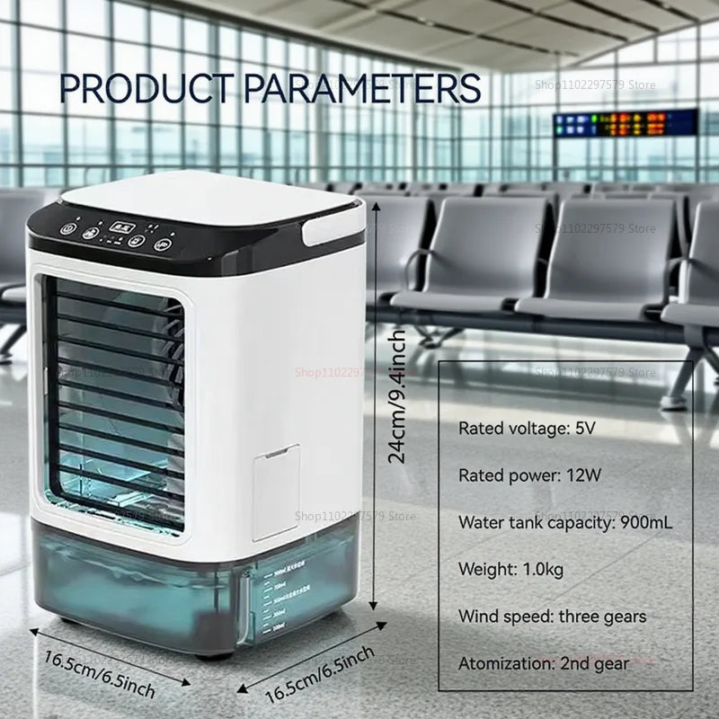 Mini portable desktop air cooler fan, quiet operation, equipped with a spray humidifier, ideal for cooling and hydrating, for the office and home.