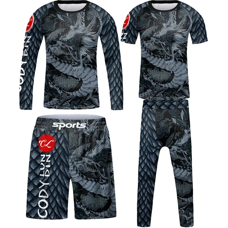 Vêtements de sport à compression pour enfants, survêtement de course pour garçons, ensemble t-shirt et pantalon Muay Thai, MMA BJJ Training Sportedly