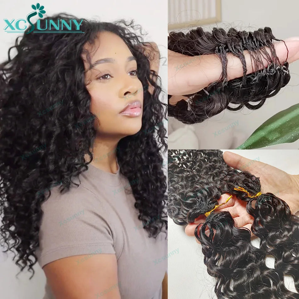 Crochet curly human hair extensions, knotless, pre-parted, feathery, human hair, water wave, invisible knot with string
