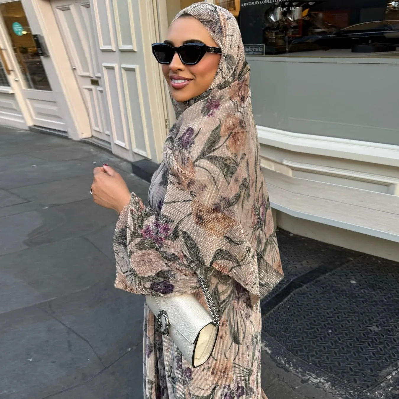 Luxury Dubai Women's Abaya Hijab Included Muslim Elegant Floral Print Pleated Open Long Sleeve Cardigan Caftan