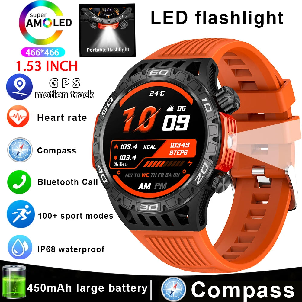 Montre intelligente étanche avec éclairage LED pour homme, boussole, tracker de fitness sportif, IP68, Bluetooth, conversation, Android, iOS
