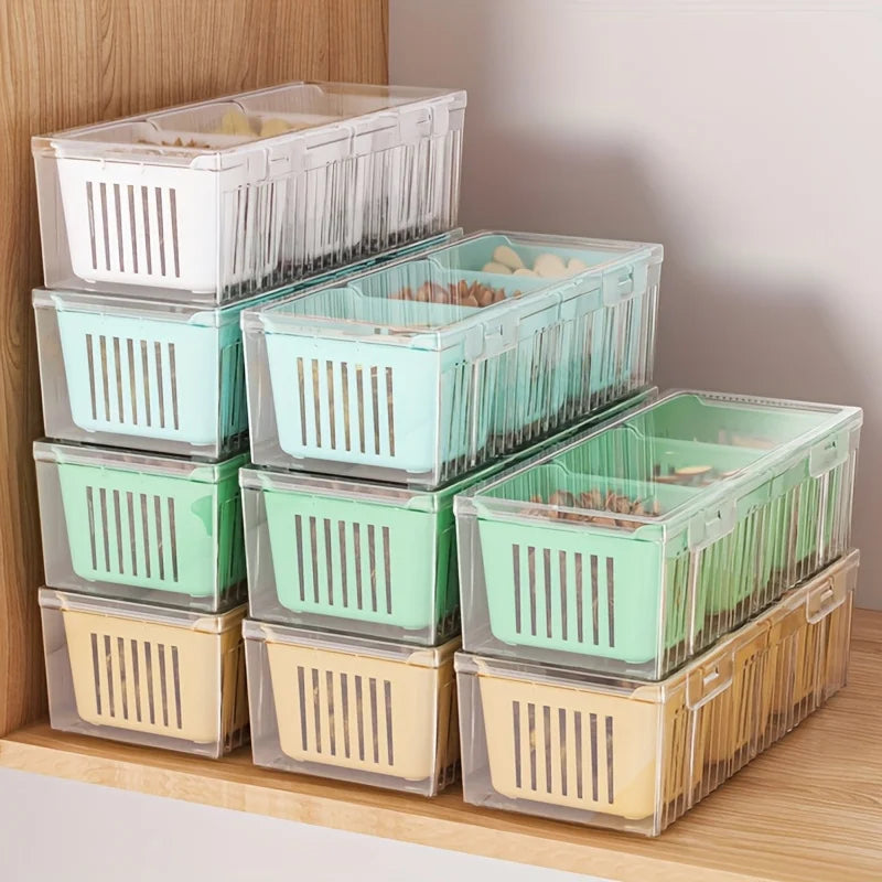 Boîtes de rangement pour réfrigérateur à 3 grilles, organisateur d'ail, oignon, poivre, fruits et légumes, bac à légumes, bac à légumes, conteneurs scellés de cuisine ﻿