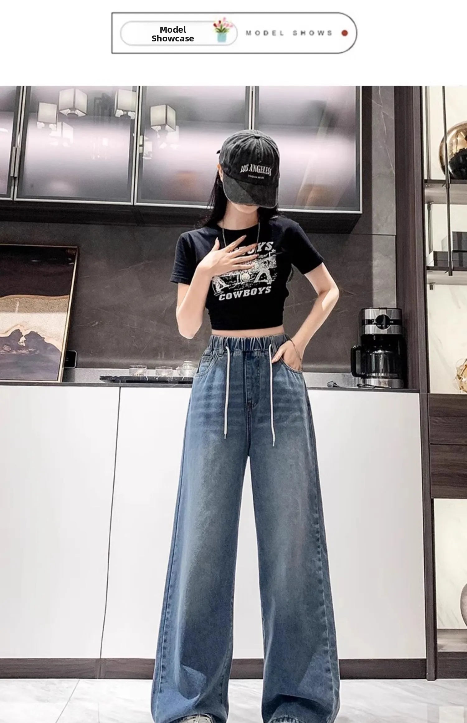Jean ample à jambes larges, taille haute, bleu clair, grande taille, taille élastique, pantalon Dstring, pantalon Long amincissant