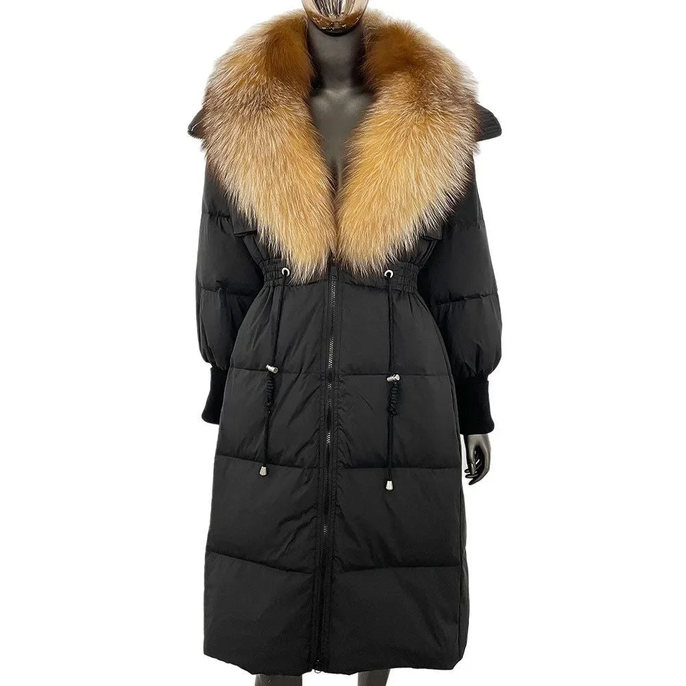 Doudoune longue avec col en fourrure pour femme, pardessus en fourrure de renard, longueur aux genoux, à la mode, chaude, cintrée à la taille, vêtements d'extérieur amincissants