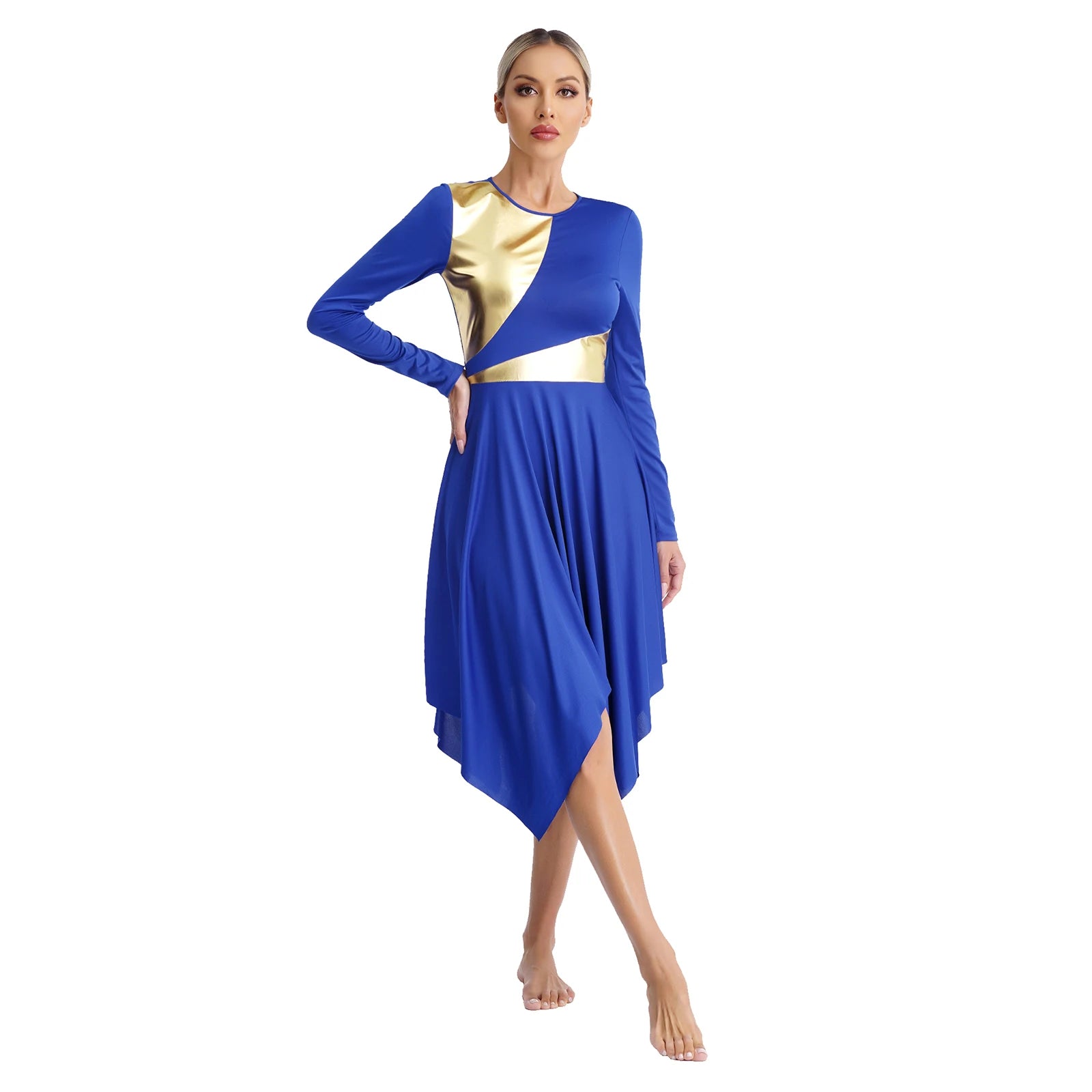 Robe de danse lyrique à manches longues pour femmes, robe à ourlet irrégulier, costume de spectacle liturgique, vêtements de danse modernes, culte de la chorale d'église