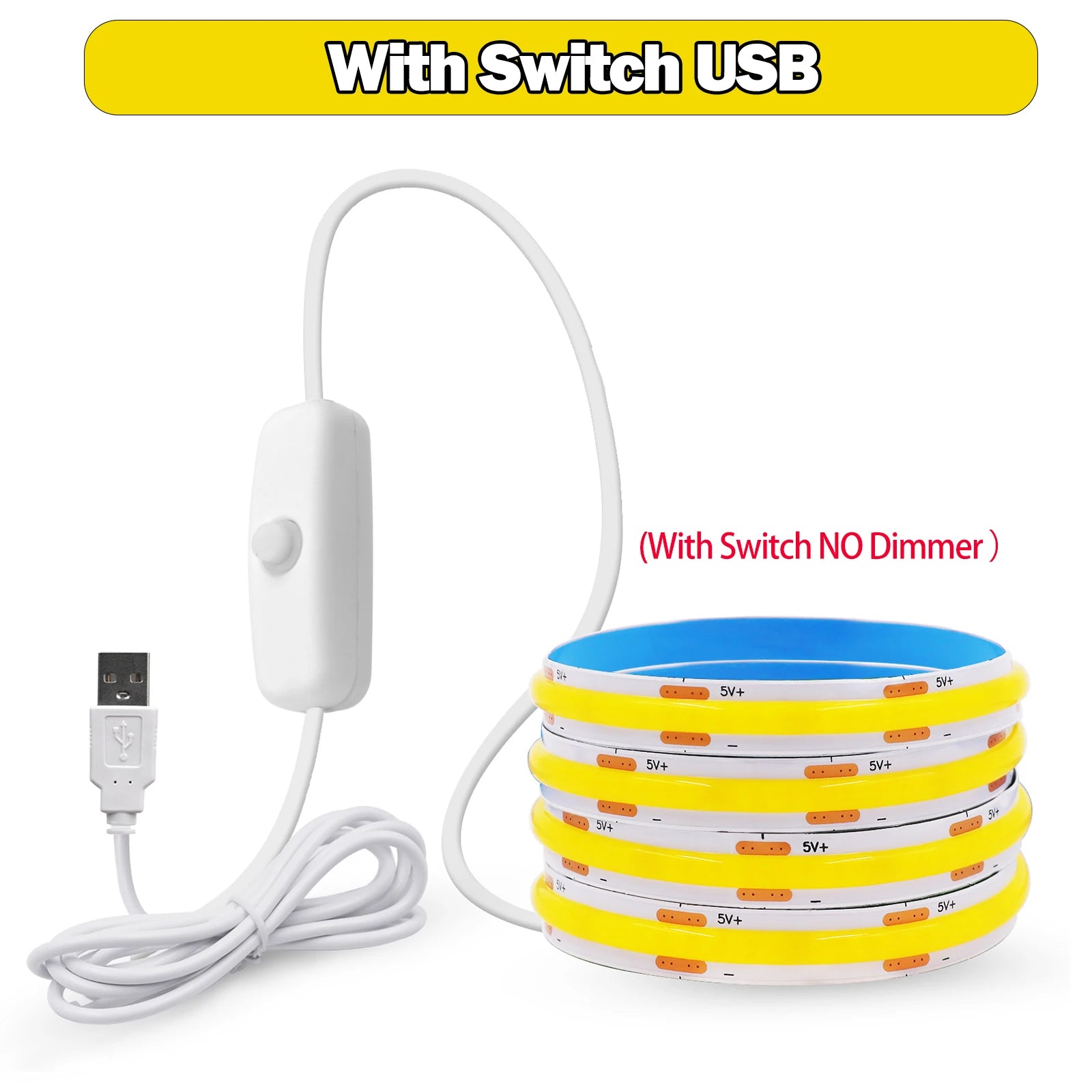 5V USB LED Strip Light, 320 LEDs/M COB, Dimmable Touch Sensor Switch/Push Switch, DIY, TV Mirror, Backlighting, Night Light for Room