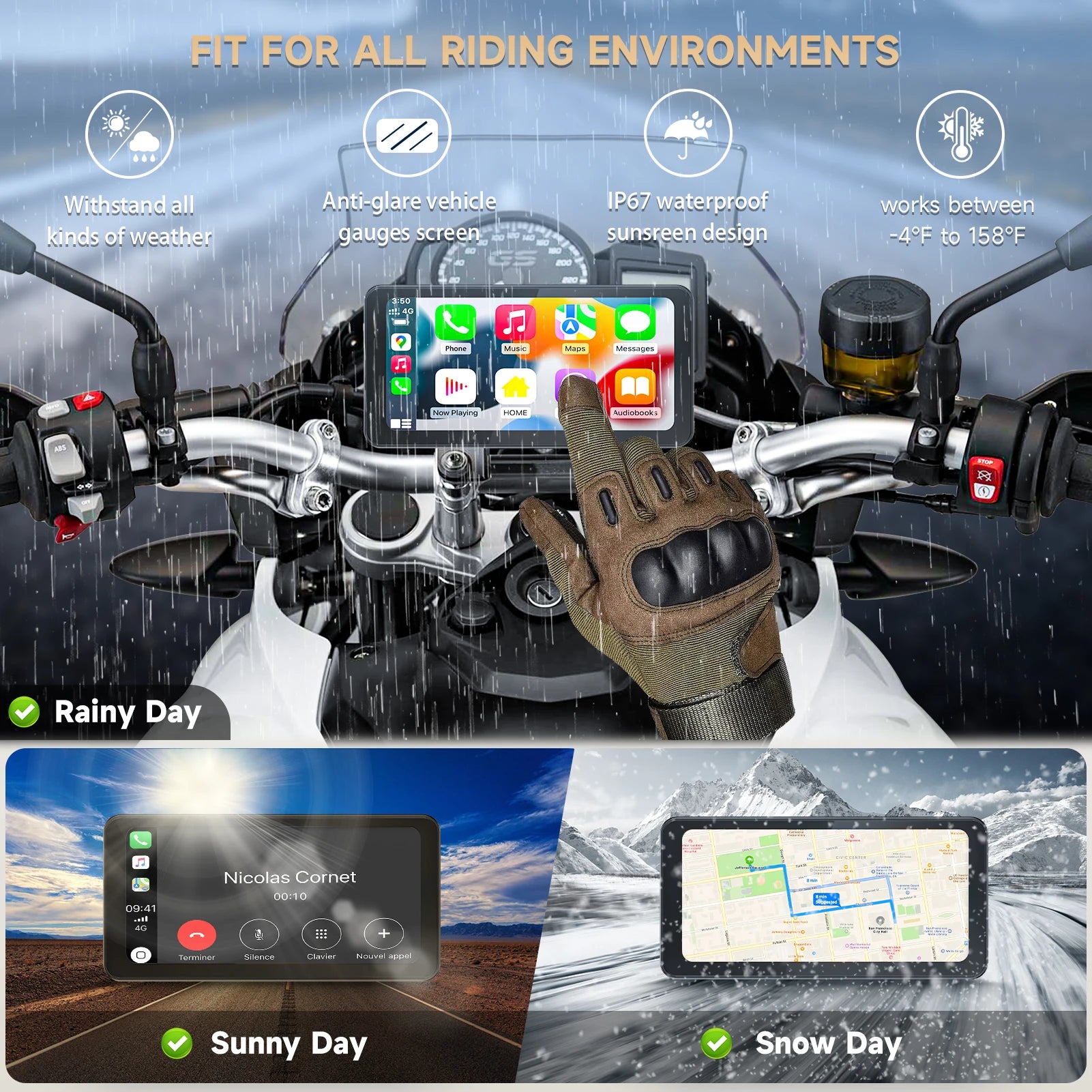 Motorcycle GPS with 6.25" touchscreen – Wireless CarPlay and Android Auto, Waterproof, Plug &amp; Play