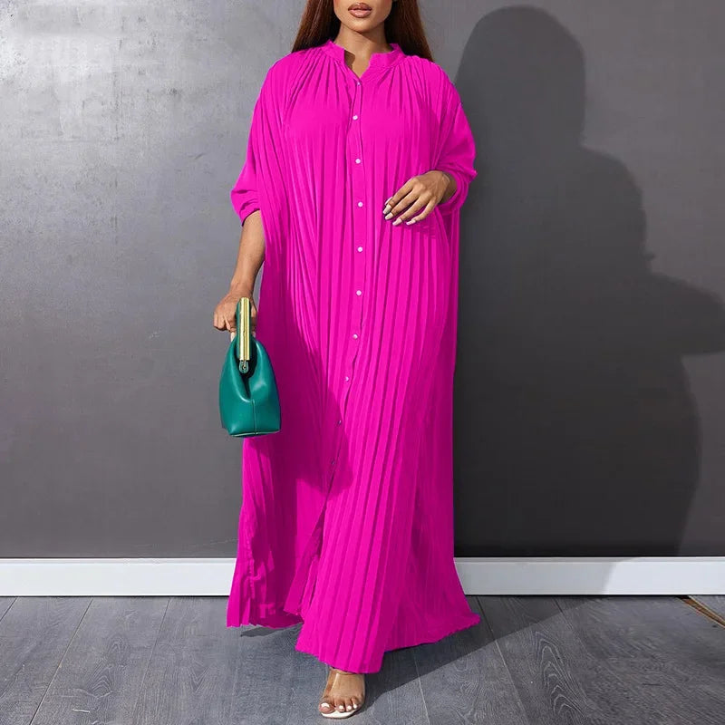 Women's Eid Muslim Dresses High Neck Single Breasted Dubai Arabic Dresses Ramadan Casual Loose Caftan Solid Pleated Dress