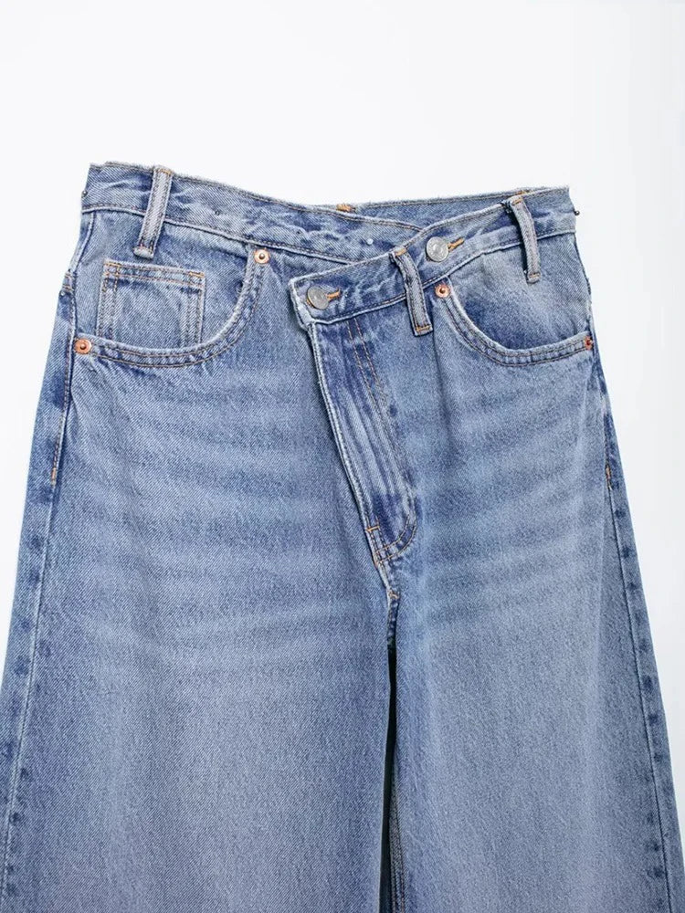 Jeans asymétriques à taille haute et à jambes larges pour femmes nouveaux modèles de base mode polyvalente pantalons droits pantalons