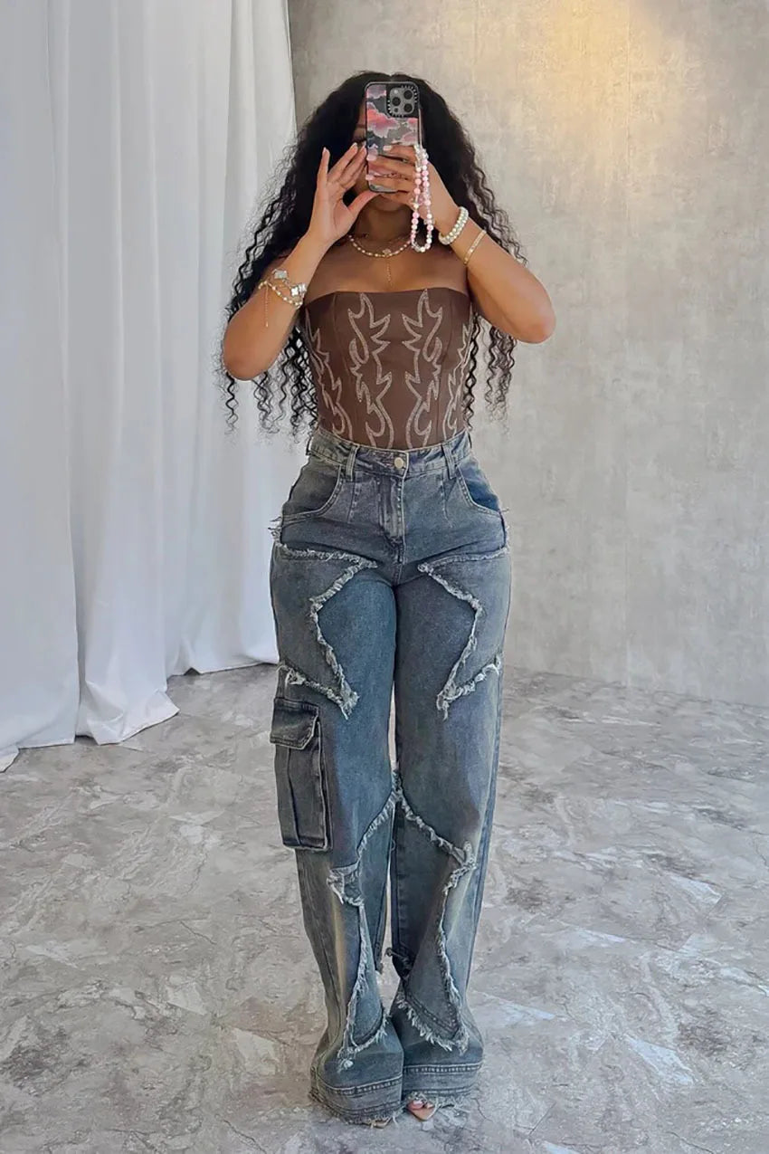 Women's relaxed, straight-leg, wide-leg denim jeans with star tassel detail, comfortable, loose fit, new autumn/winter collection