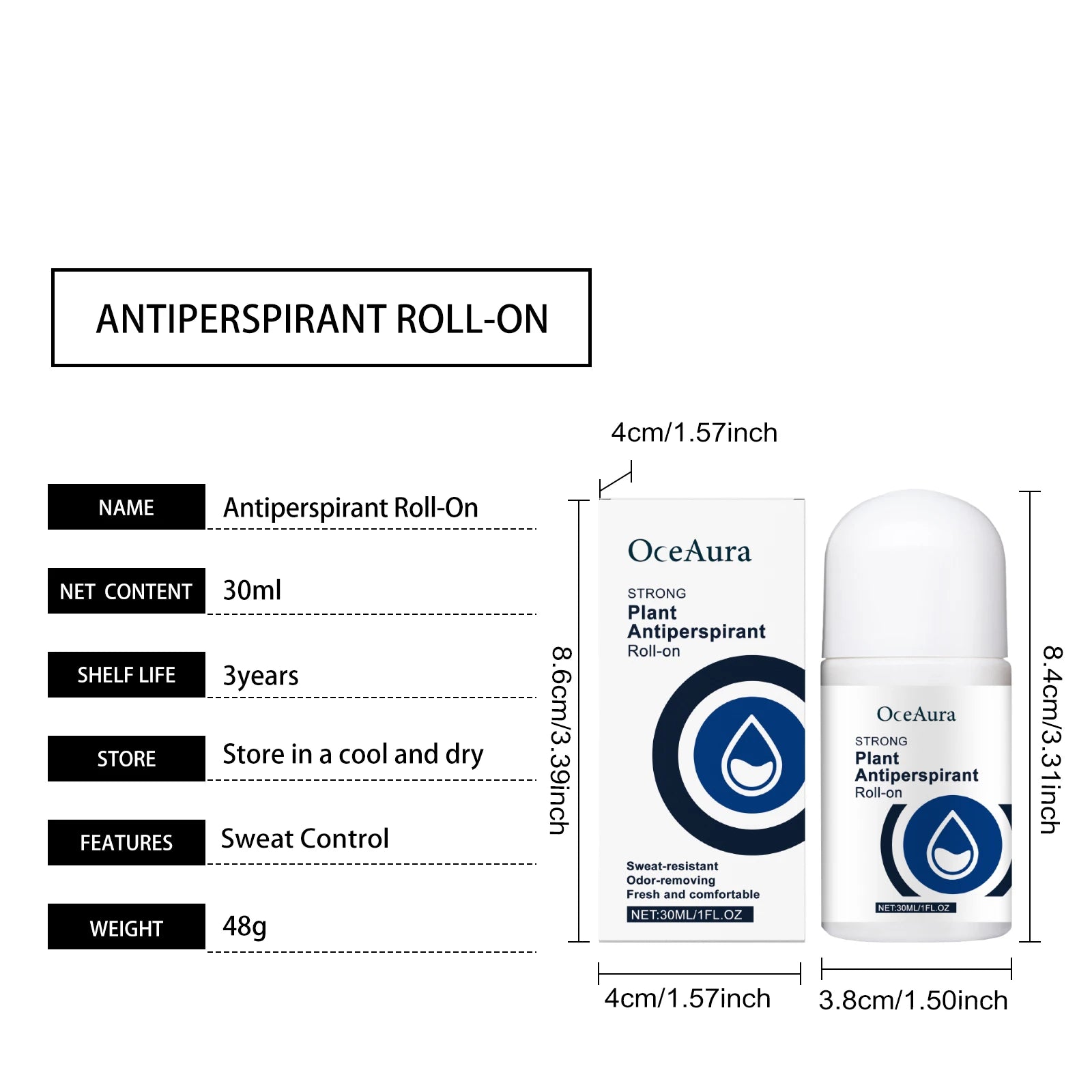 Déodorant anti-transpirant Roll-On, réduit la transpiration, dissolvant d'odeurs, aisselles, corps, bâton déodorant, séchage rapide, rafraîchissant durable pour hommes et femmes