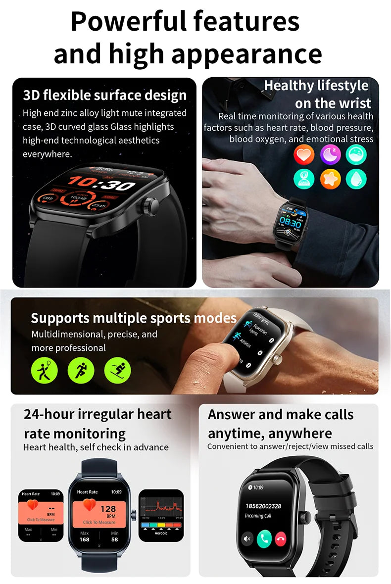 Montre intelligente 2.01 ''AMOLED écran incurvé IP68 étanche Bluetooth 5.3 appel AI Vioce Assistant Fitness Smartwatch pour hommes