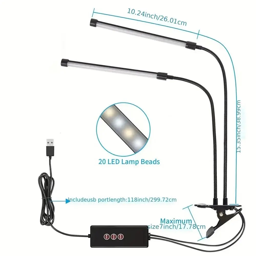 LED desk lamp with clip, dimmable reading lamp, 3 color temperatures, 10 brightness levels, USB clip-on table lamp