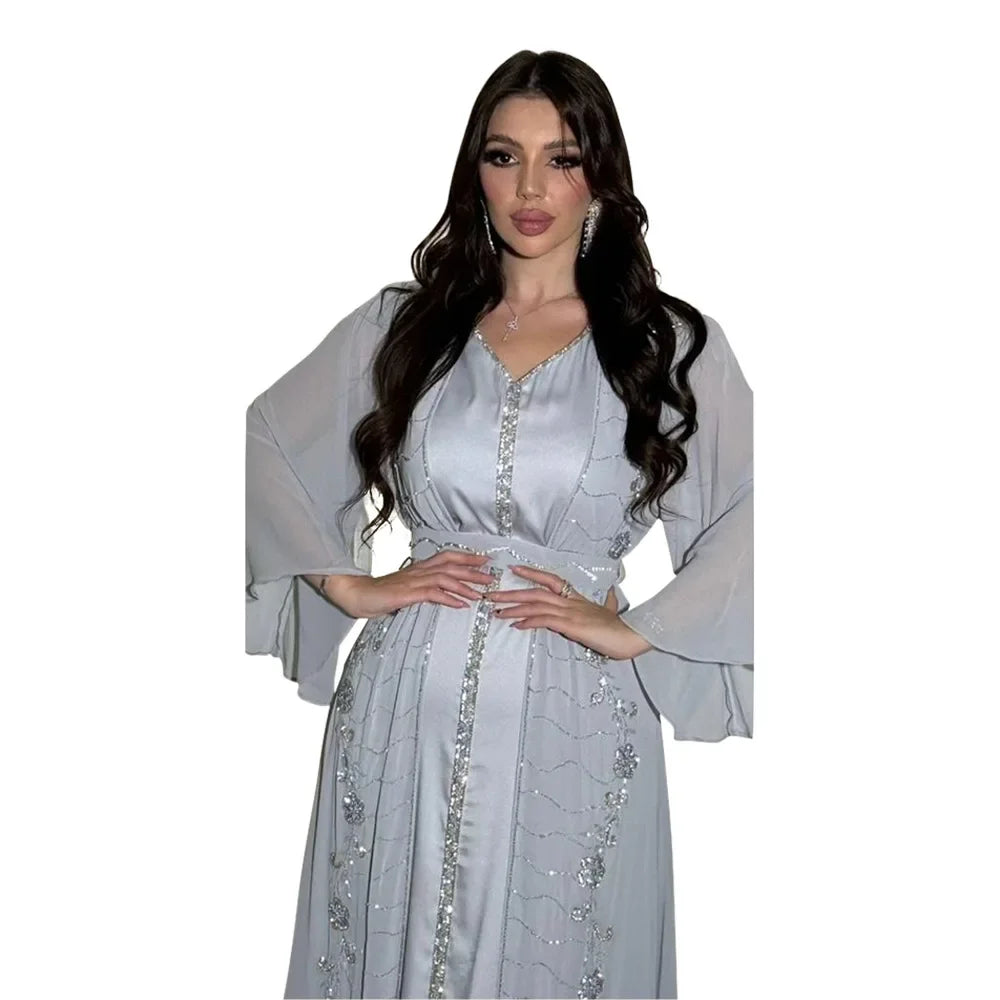 Elegant 2-piece set for Muslim women, open Arabic Eid abaya dress, Islamic jalabiyya, luxury Turkish dress, Moroccan caftan