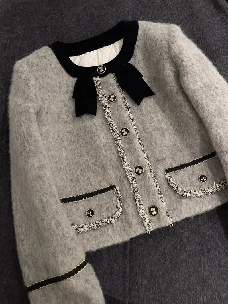 Manteaux matelassés épais mélanges veste en laine grise haut court hiver Vintage mince une ligne jupes femmes deux pièces ensembles costume à nœud Y2k