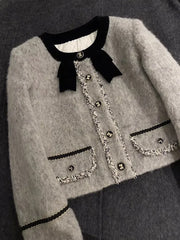 Manteaux matelassés épais mélanges veste en laine grise haut court hiver Vintage mince une ligne jupes femmes deux pièces ensembles costume à nœud Y2k