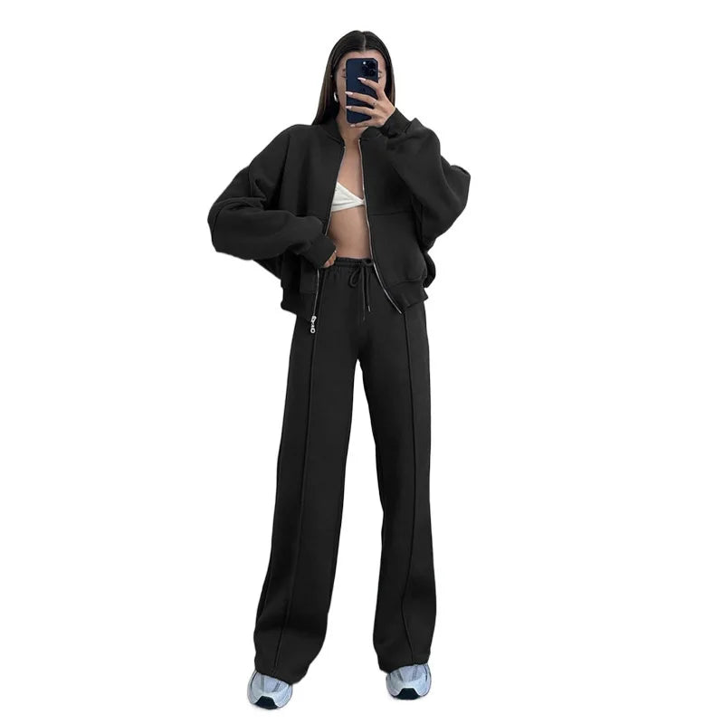 Women's two-piece casual set, solid color, sweatshirt, long sleeves, zip-up coat, long pants, pockets, elegant, autumn/winter 2025