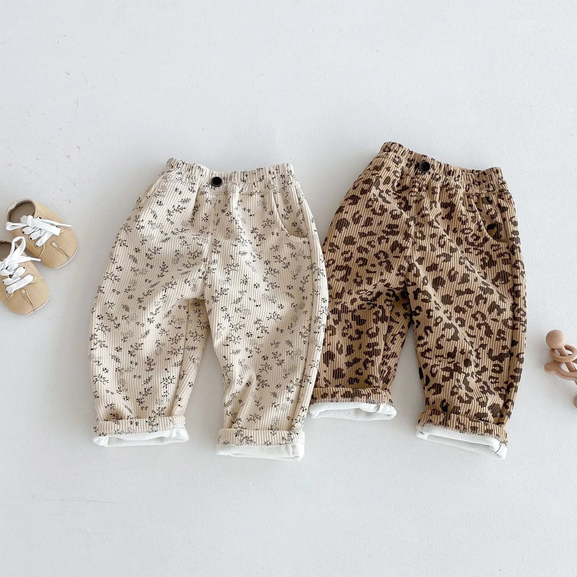 Vêtements coréens pour enfants de 0 à 5 ans, pantalons d'hiver chauds en velours côtelé imprimé Floral, doublés en polaire, pour bébés garçons et filles, 2025