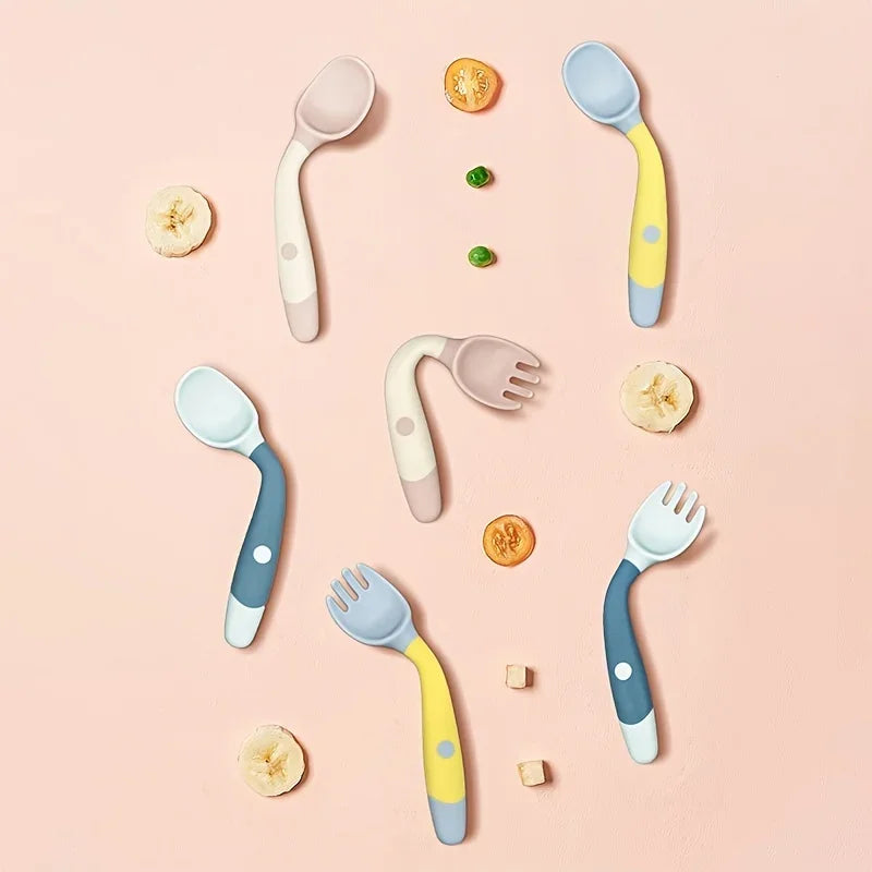 Ensemble fourchette et cuillère pour bébé, ustensiles pliables pour tout-petits, poignée en Silicone souple, vaisselle d'entraînement, outils d'auto-alimentation pour nourrissons et enfants BP